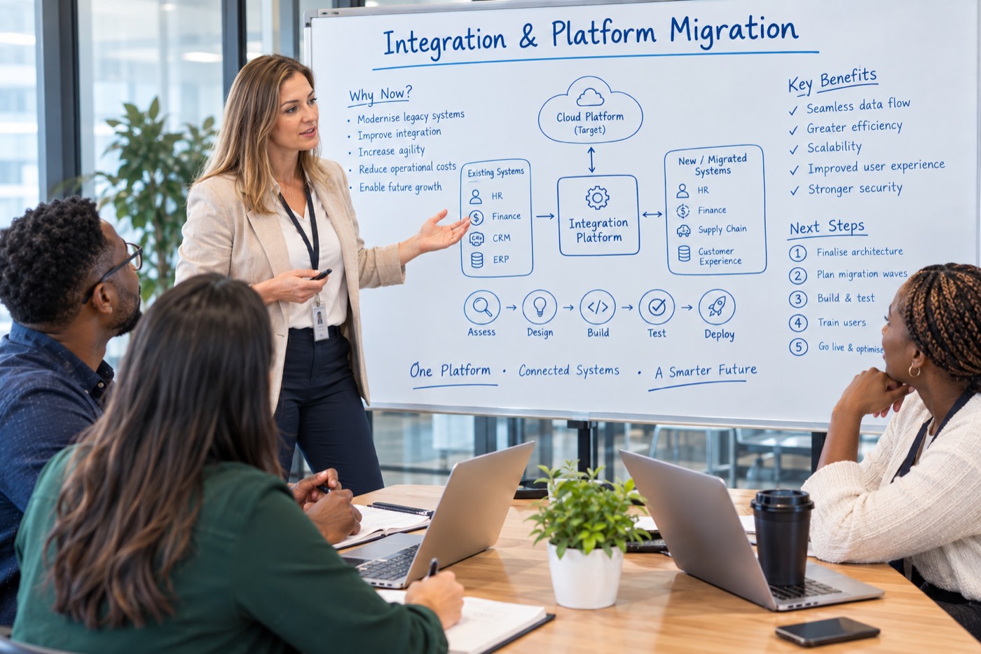 Consultant presenting an integration and platform migration plan on a whiteboard