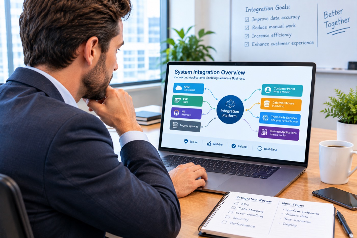 Consultant reviewing a system integration diagram on a laptop screen